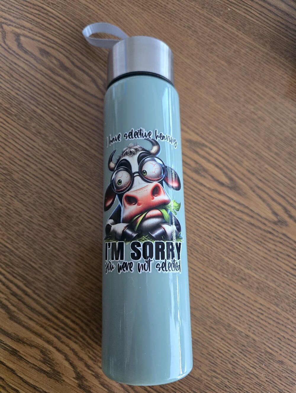 Green Stainless Water Bottle with Cow Graphic